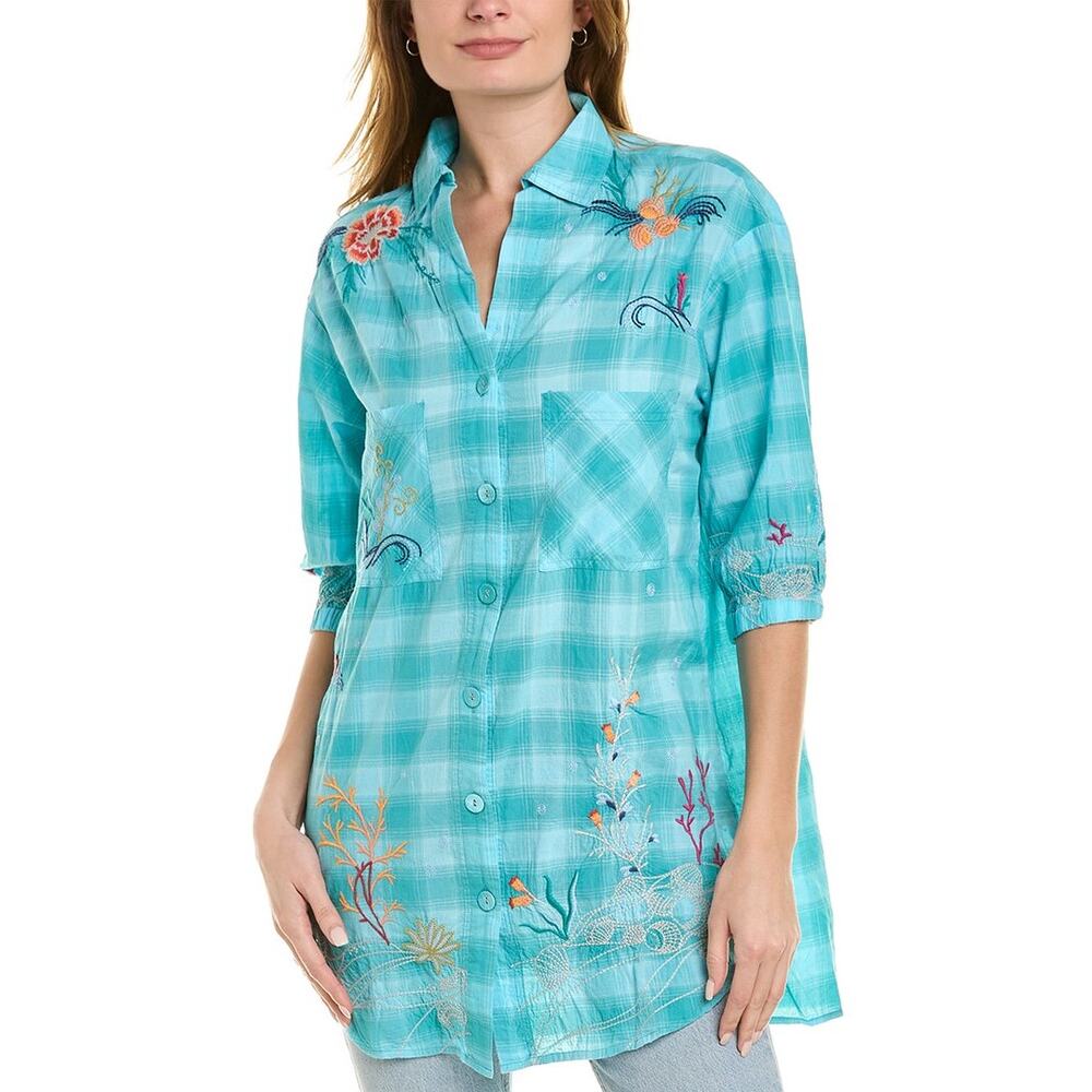 Johnny Was NWT Coralie Embroidered Oversized Weekend Tunic Coastal Plaid Sz S